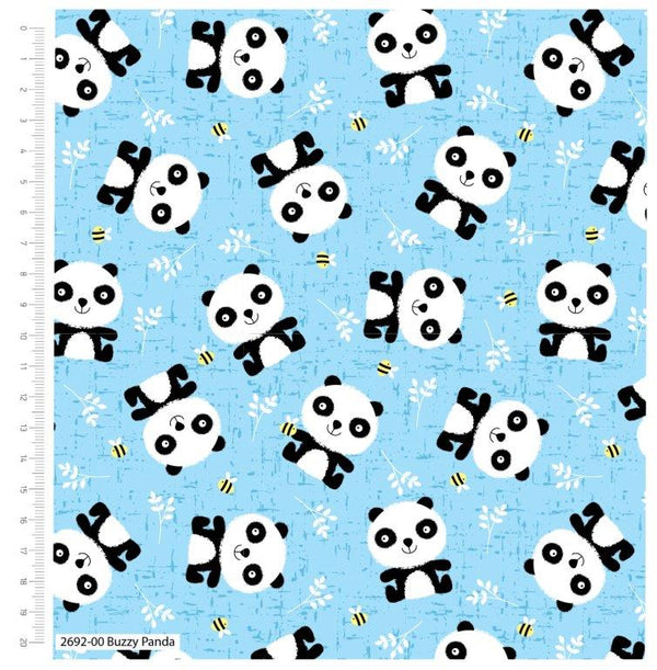 1/2 metro Tela de algodón Osito panda y abejas sobre azul **Llega el 19 de nov**
