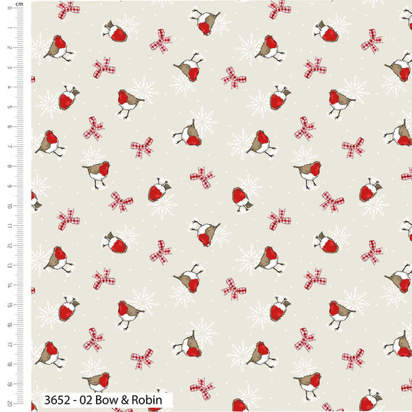 1/2 metro de Tela de algodón estampada Petirrojos y Moños Navideños rojo y beige **Llega el 15 de octubre**