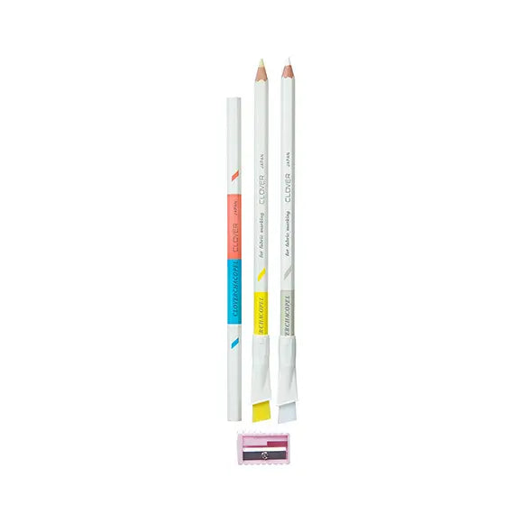 Chacopel Clover Pack de 3 Gises en Lápiz para Marcado en Tela + Sacapuntas * Amarillo, rosa, azul y blanco