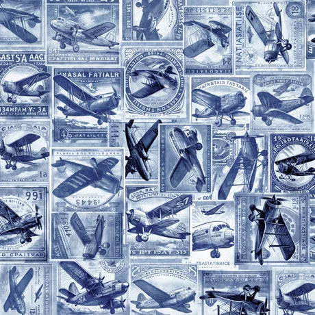 1/2 metro de Tela de algodón Collage de Aviones y Aeroplanos en azul mezclilla QT *Llega el 17 nov*