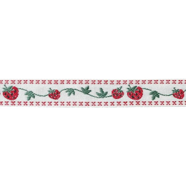 Un metro de cinta bordada jacquard de fresitas rojas sobre blanco 18 mm de ancho