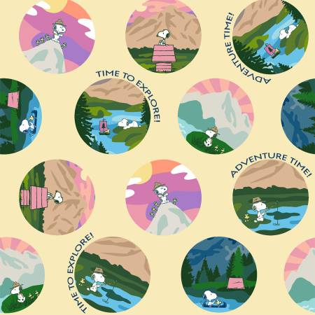 1/2 metro de Tela de algodón estampada Parches redondos de Snoopy a la Aventura!