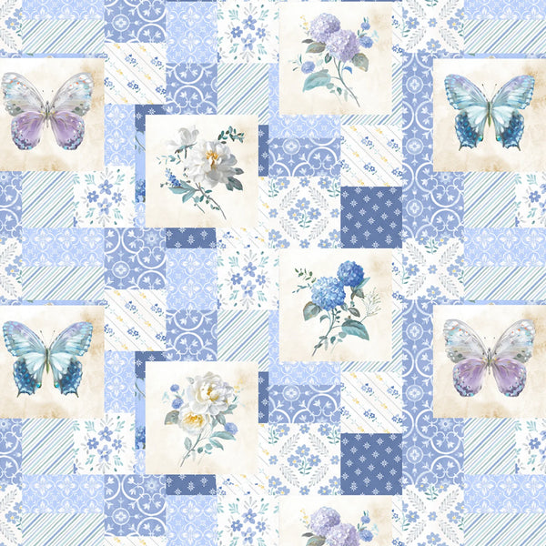 1/2 metro de Falso patchwork de Mariposas y Hortensias Capullos Matutinos en azul y blanco