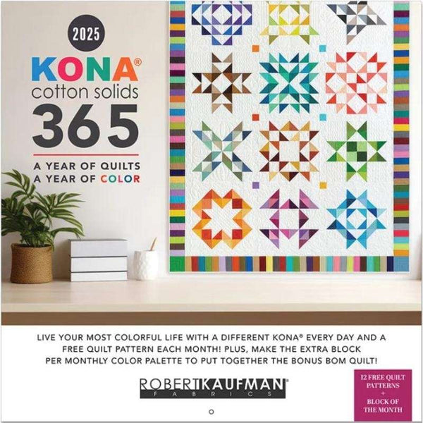 Calendario de pared 2025 Kona con todos los colores y ejemplos de quilts