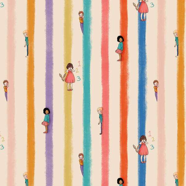 1/2 metro de Tela Belle and Boo Parque Infantil - Rayas de Colores Las Escondidillas - Diseño Infantil Encantador - 110 cm Ancho + Llega el 31 de octubre