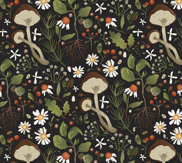 1/2 metro Hongos en el Bosque sobre negro David Textiles