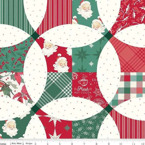 1/2 metro de Falso Patchwork verde, blanco y rojo  Feliz Feliz Navidad