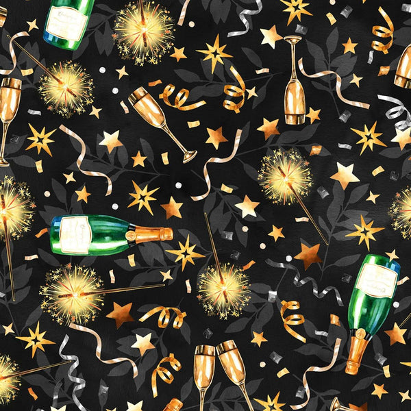 1/2 metro de Feliz Año Nuevo con botellas de champagne y fuegos artificiales sobre negro