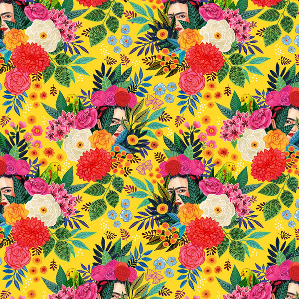 1/2 metro de Flores y Fridas sobre amarillo Colección Hola Frida Dear Stella