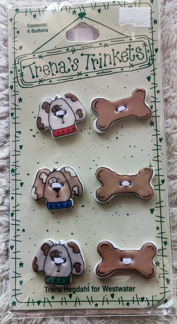 6 Botones de Cerámica de Perros y Huesos