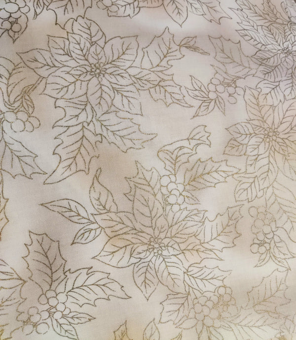 1/2 metro de tela de algodón Delineado con brillos verdes de Nochebuenas sobre beige Hoffman