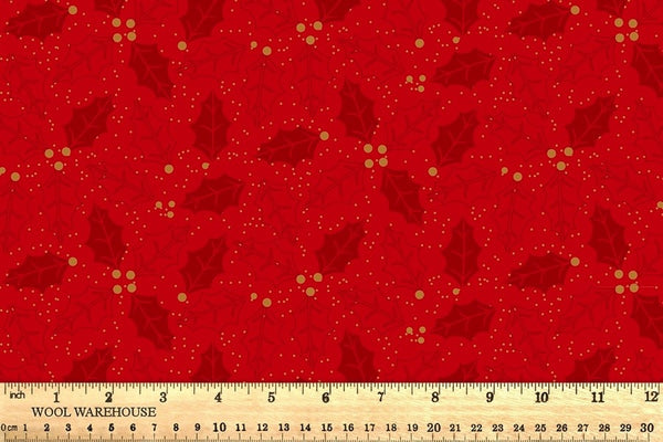 1/2 metro de Hojas de muérdago sobre rojo con brillo metálico dorado Craft Cotton Company*