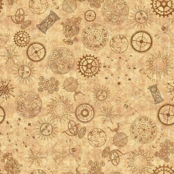 1/2 metro de Tela de algodón Relojería y Engranes en Beige mostaza QT *Llega el 17 nov*