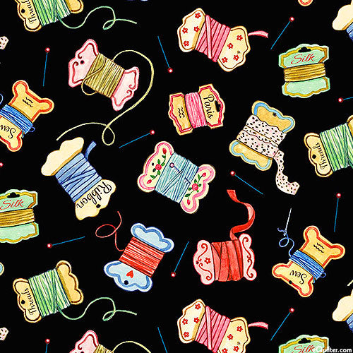 1/2 metro de Tela Costura Bonita - Hilos para Bordar y Listones sobre negro - Diseño para Costureras - 110 cm Ancho