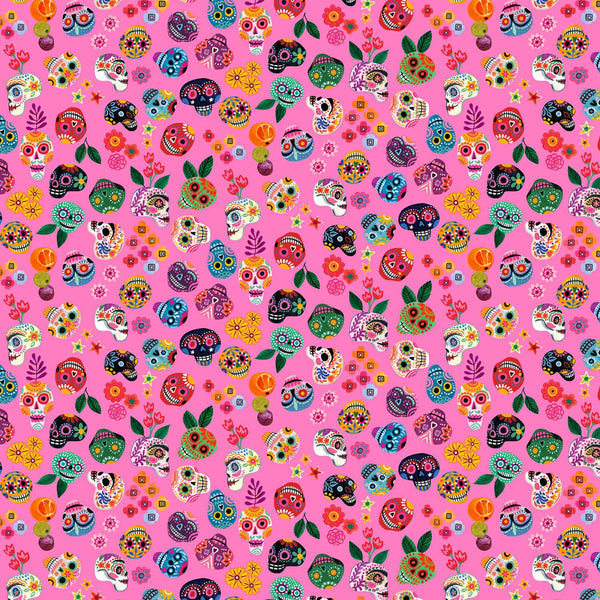 1/2 metro de Mini Calaveritas sobre rosa flamingo Colección Hola Frida Dear Stella