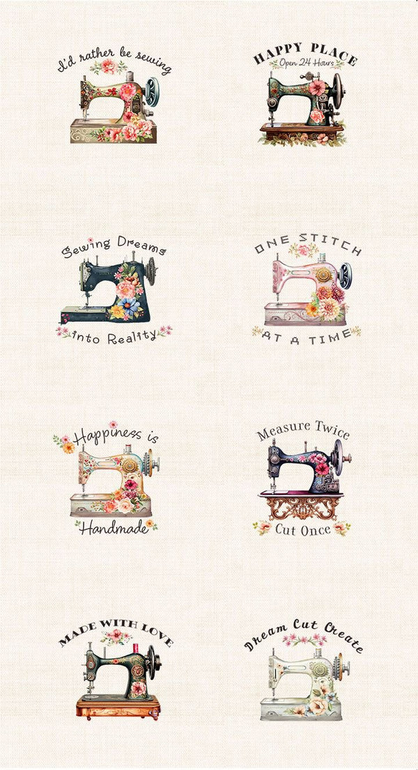 Panel de Tela Máquinas de Coser Floral - Happy Place - Timeless Treasures - 60 x 110 cm  Crema Llega el 31 de octubre