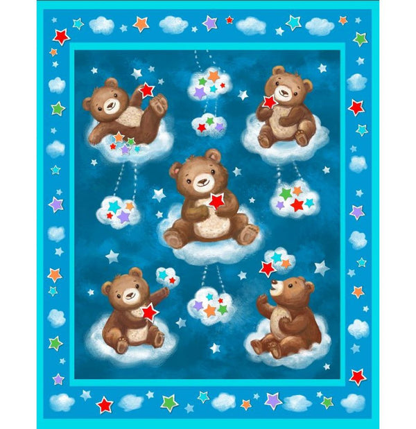 Panel de bebé Cinco ositos con estrellas en azul 110 x 110 cm Blomma