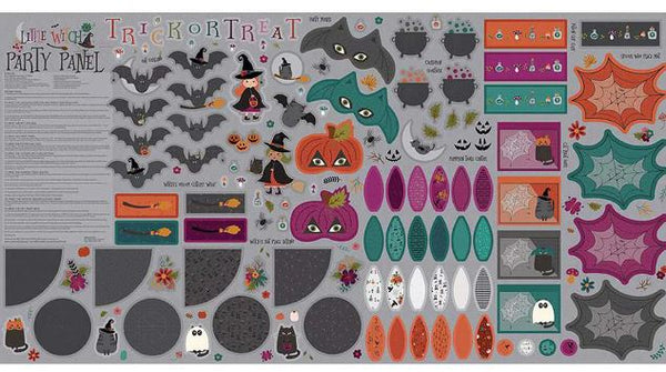 Panel de fieltro para Fiesta de Halloween La Pequeña Bruja 91 x 175 cm Incluye sombreros de bruja, posavasos, guirnalda de murciélagos, antifaces y más!