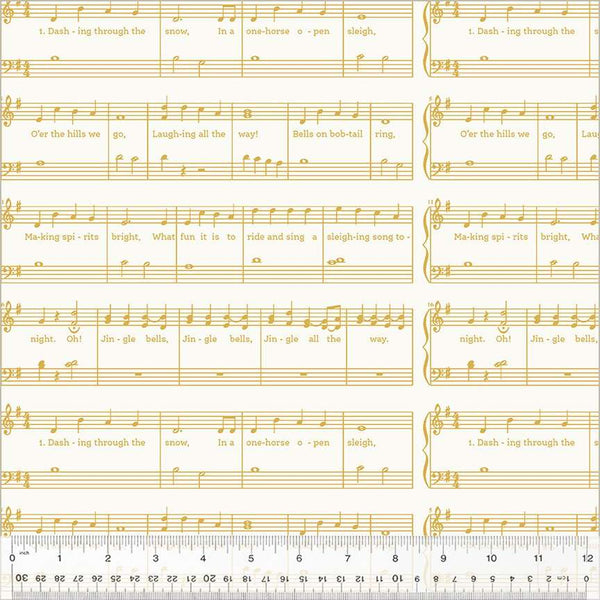 1/2 metro de Partitura dorada navideña sobre blanco Brillos Navideños Whistler Studios