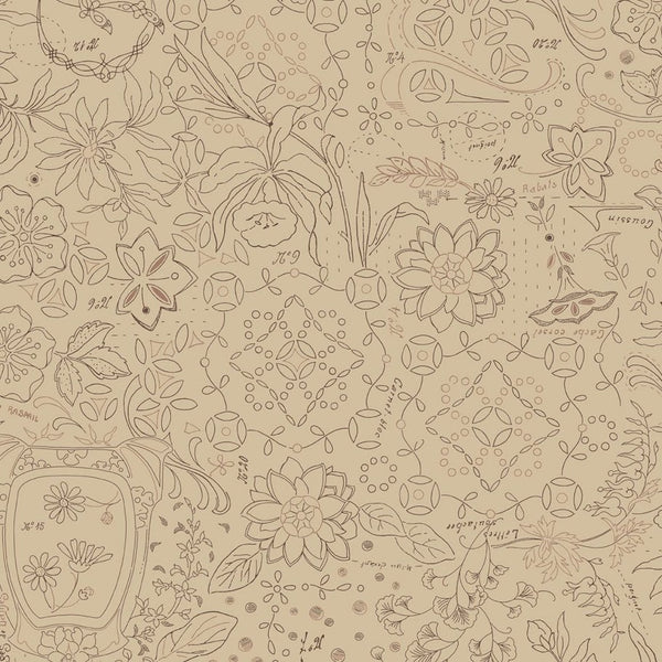 1/2 metro de Doble ancho Flores y Bordado Marcus Fabrics en Beige café 274 cm de ancho