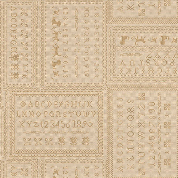 1/2 metro de tela de algodón estampada beige marfil Sampler de Punto de cruz en beige Colección Mercería y Punto de Cruz