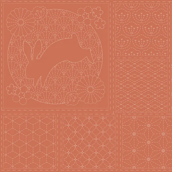Panel para Bordado Sashiko Conejo y Peces Koi sobre lino algodón (dos colores)