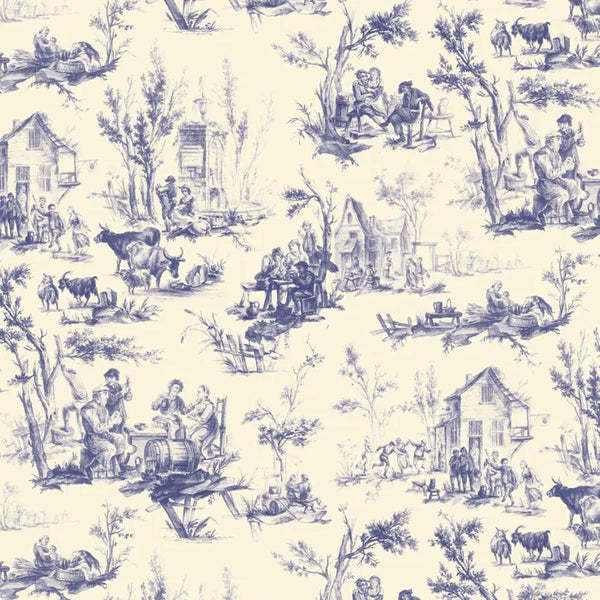 1/2 metro de Tela de Algodón Toile de Jouy Azul sobre Marfil *Llega el 31 de octubre*