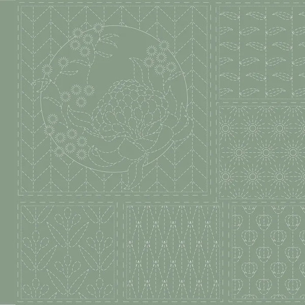 Panel para Bordado Sashiko Botánico en verde Kentucky 16 cuadros