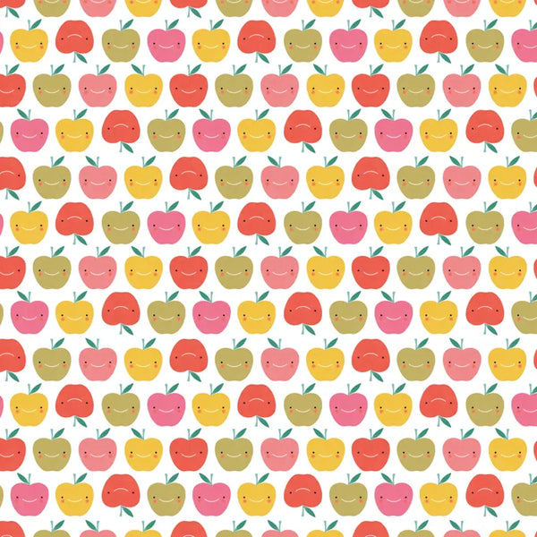 1/2 metro de Tela de Algodón Manzanas Felices rojas, verdes y amarillas sobre blanco *Llega el 31 de octubre*