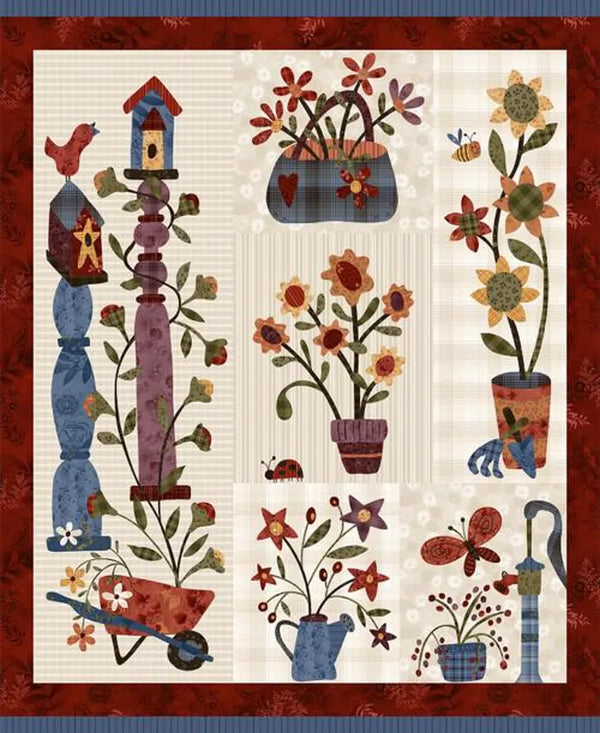 Panel Las Flores de Fossie blanco antiguo y vino Janet Rae Nesbit 1 yarda