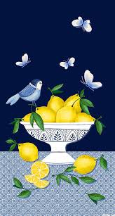 Panel de tela de algodón Fresco como un Limón en azul marino con pajarito, mariposas y talavera
