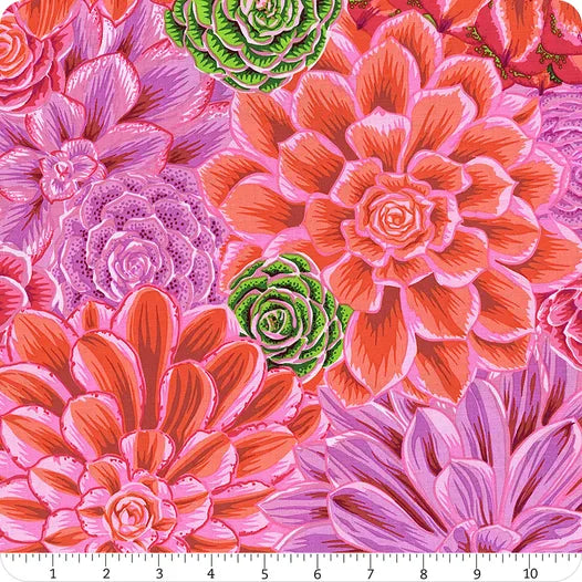 1/2 metro de Tela de Suculentas Rosa y Naranja Drama de Kafe Fassett
