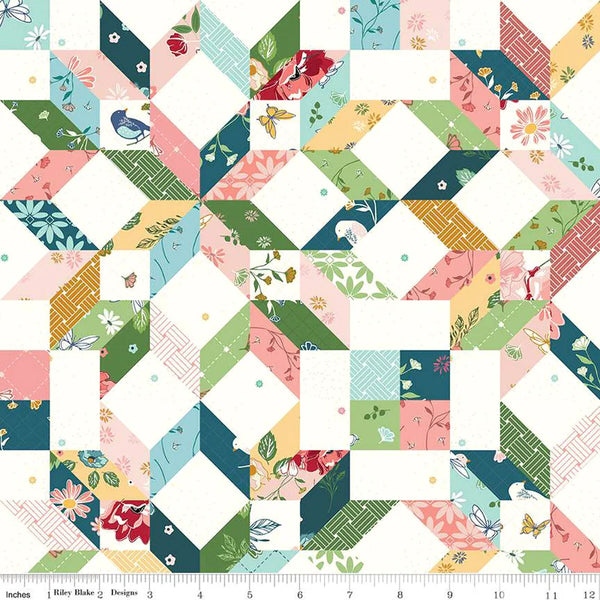 1/2 m Patchwork falso Estrella de Carpintero Melodía Riley Blake verde, rosa y azul sobre blanco