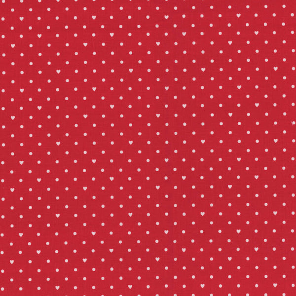 1/2 metro de Lunares suizos con mini corazón blanco sobre rojo Dulce Corazón
